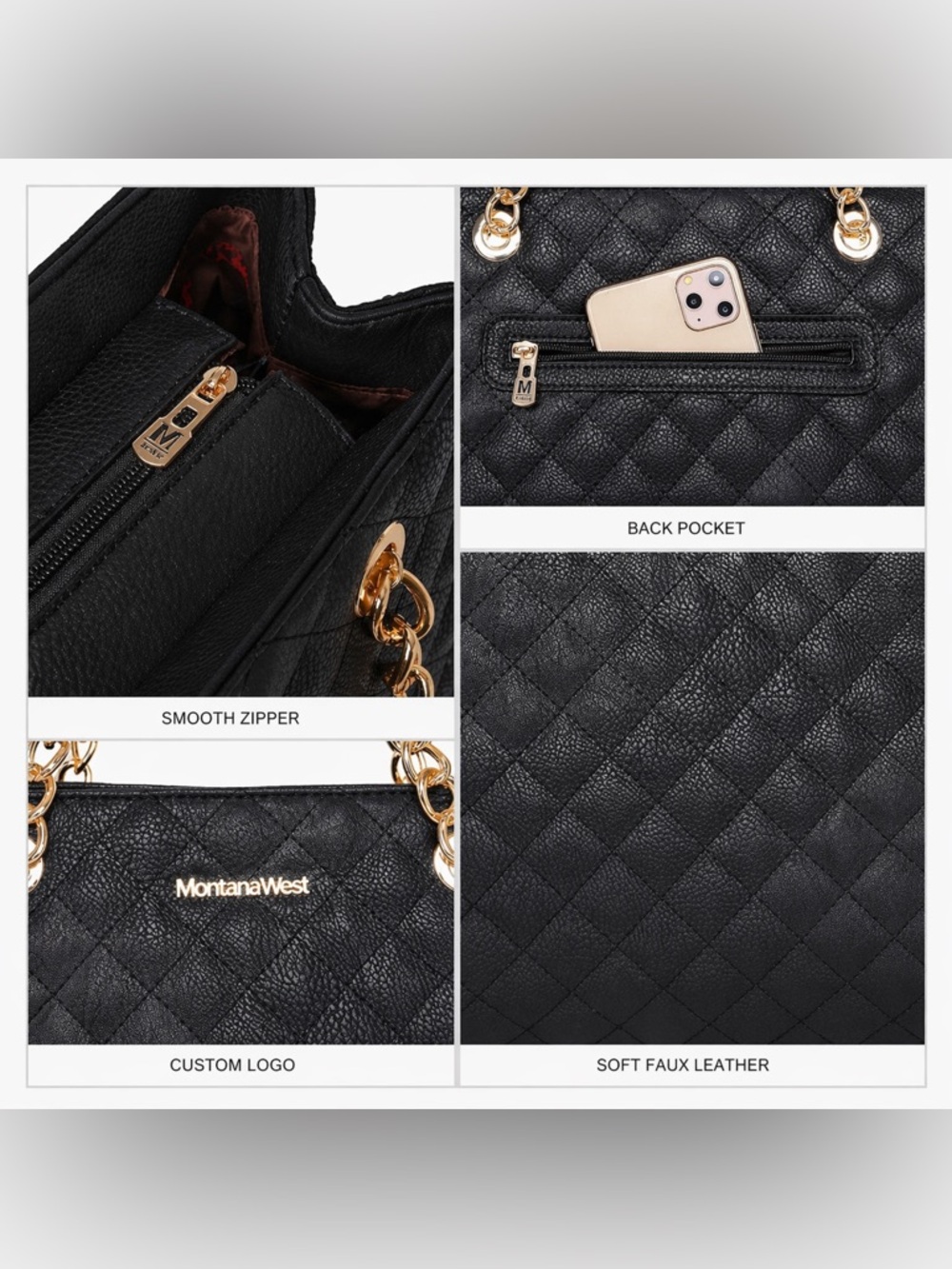 Chic Black Quilted Tote Bag with Gold Chain Handles - Picture 3 of 5